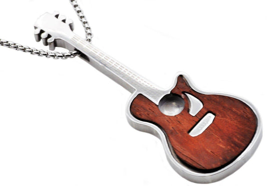Men's Genuine Wood Stainless Steel Guitar Pendant With Chain