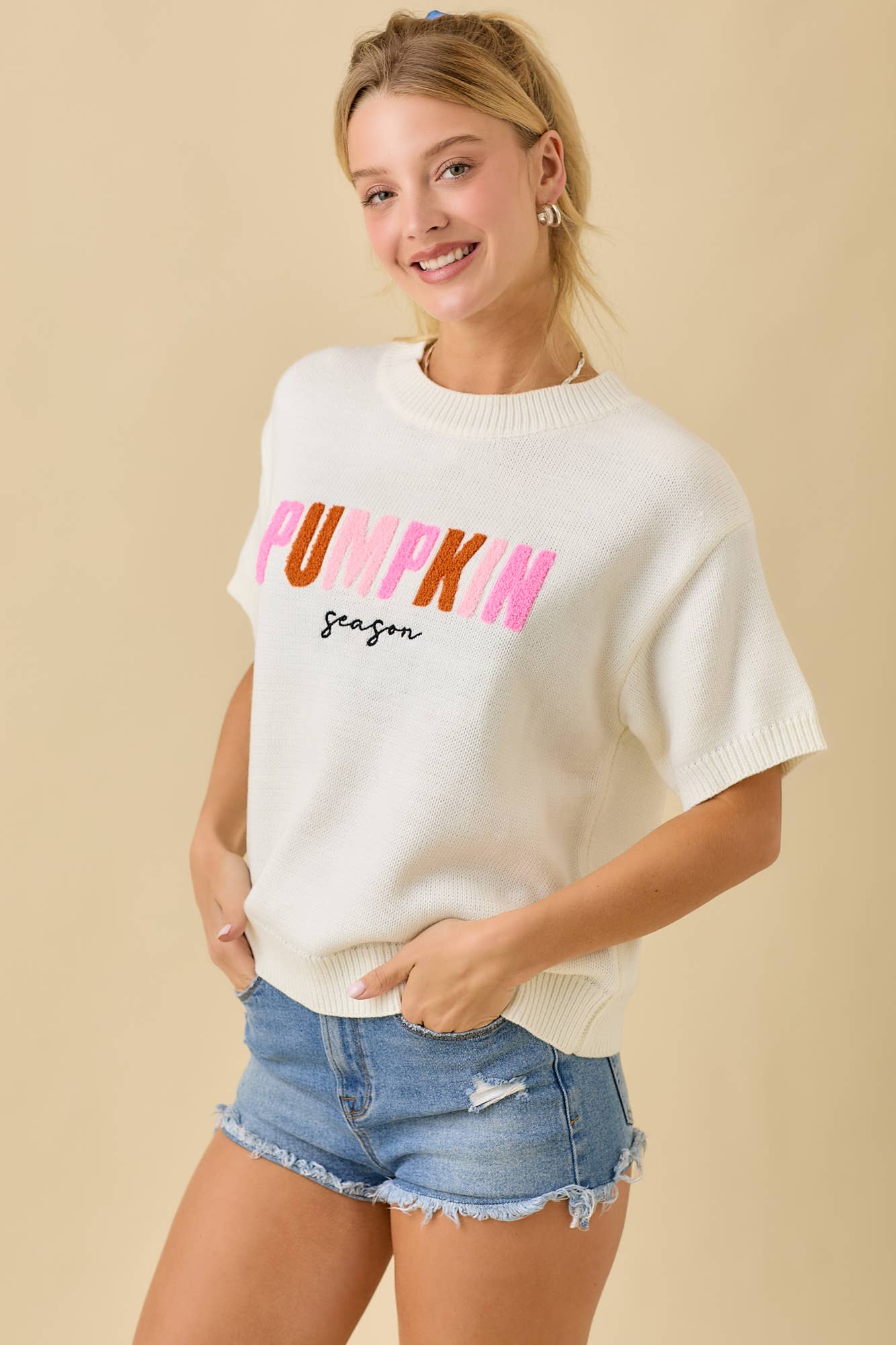 Pumpkin Season Embroidered Short Sleeve Sweater