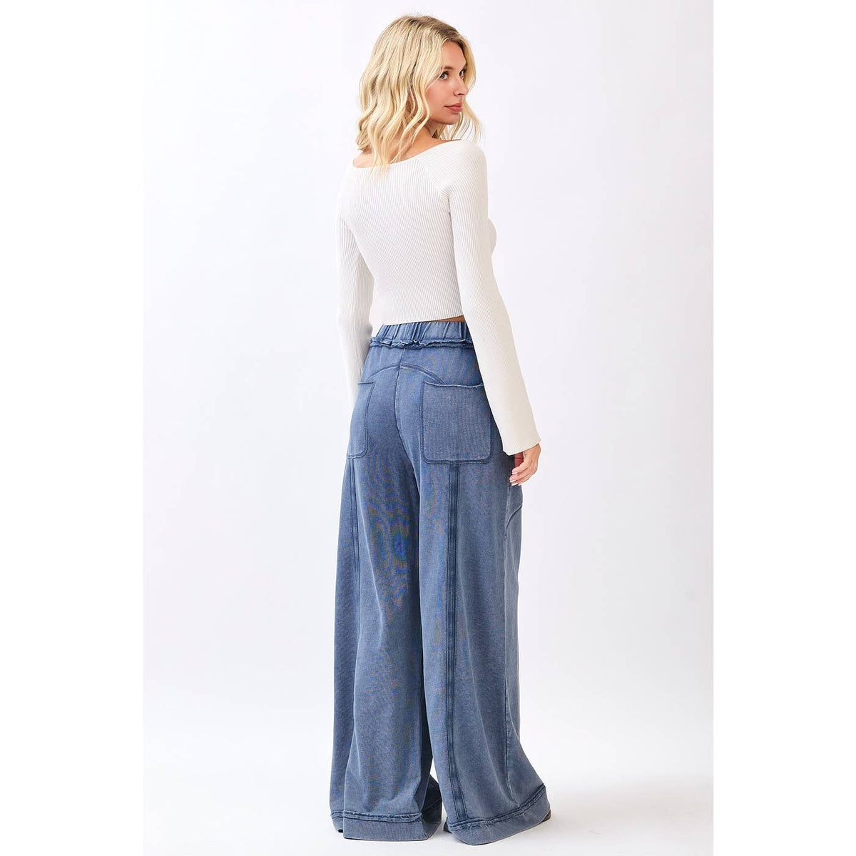 MINERAL WASH CURVED SEAM WIDE LEG PANTS