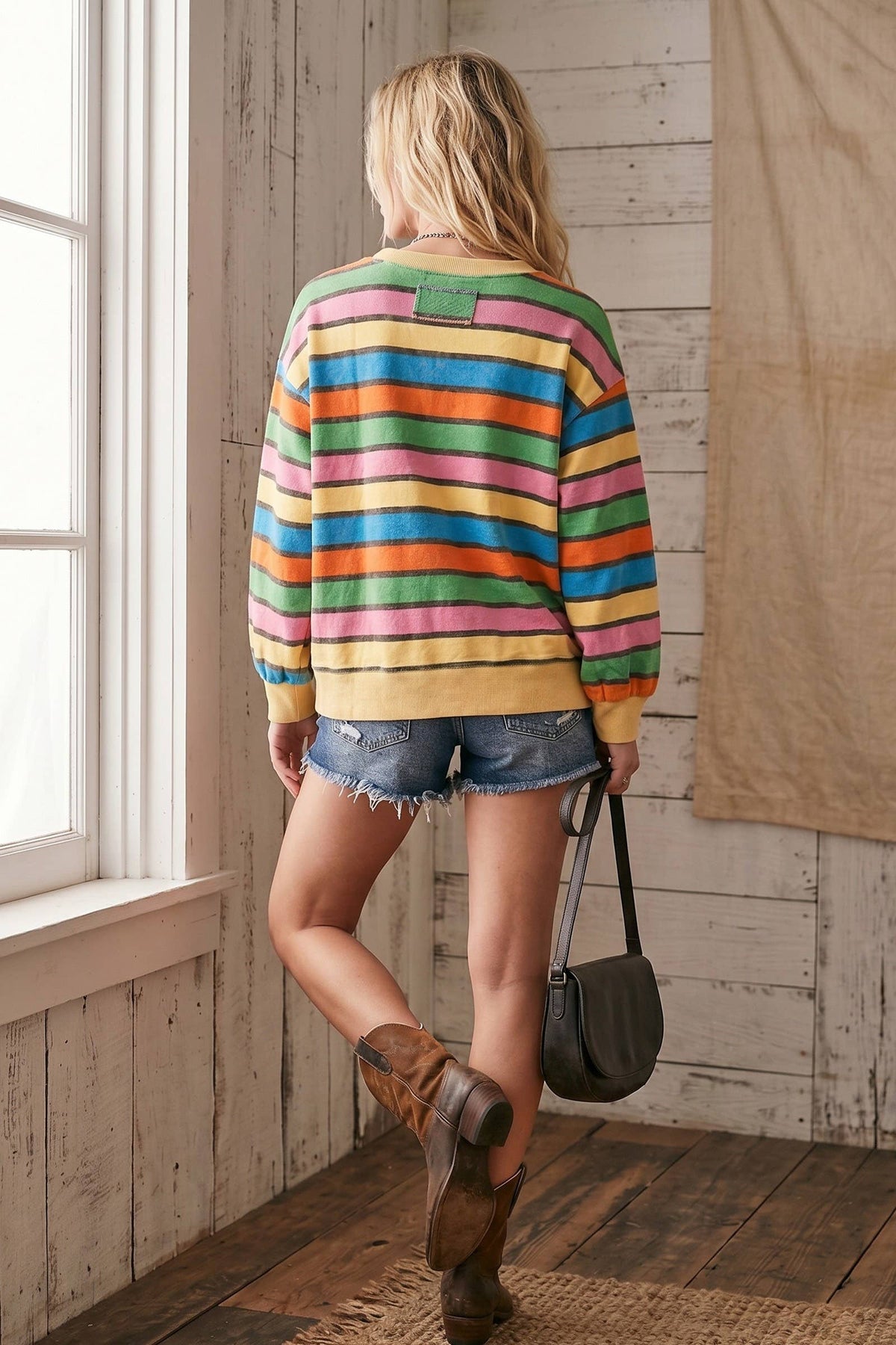 Oversized Mineral Washed Terry Stripe Pullover