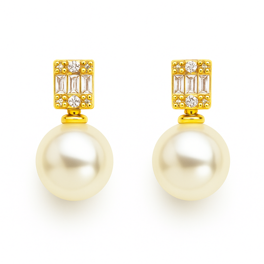 Pearl And Baguette CZ- Gold Plated