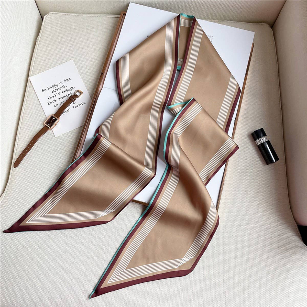 THIN SIMPLE GEOMETRIC LONG SILK SCARF