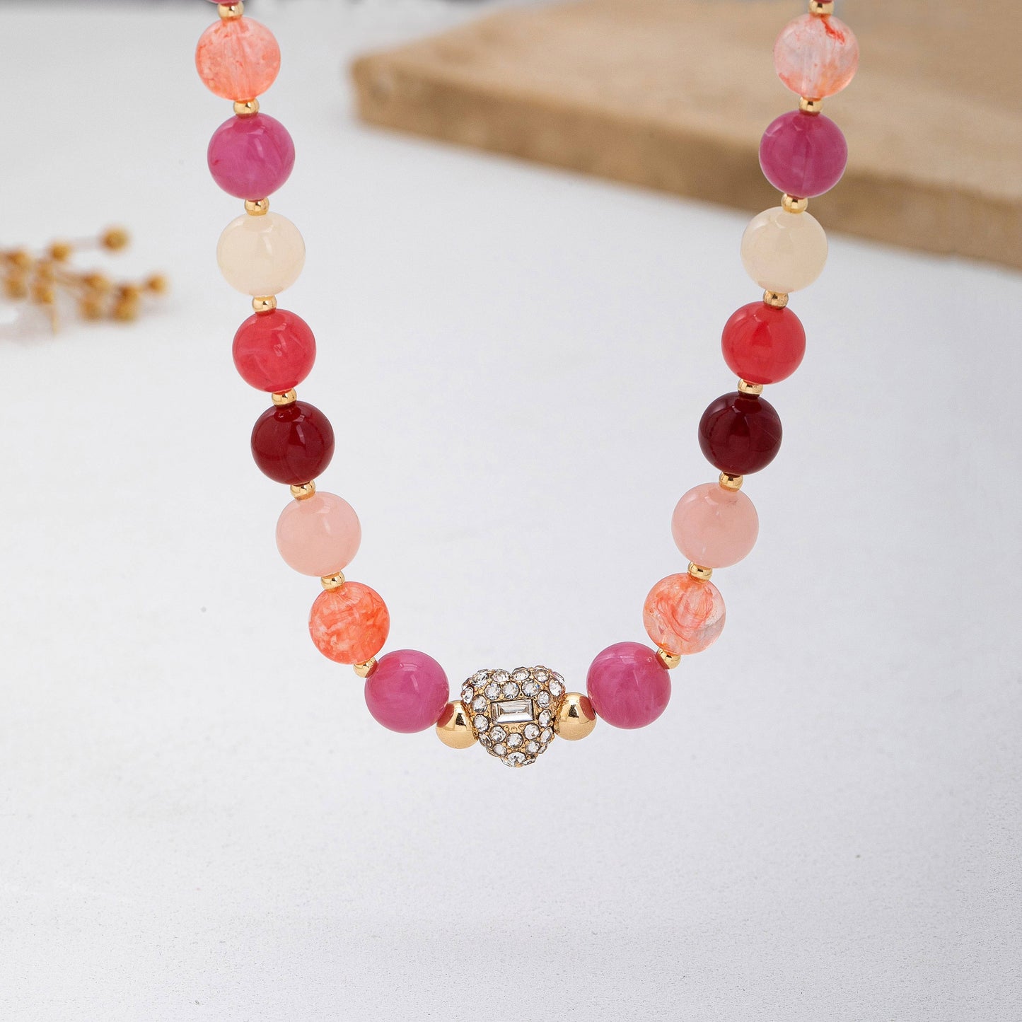 Rose & Berry Beaded  Heart Crystal Ball Necklace