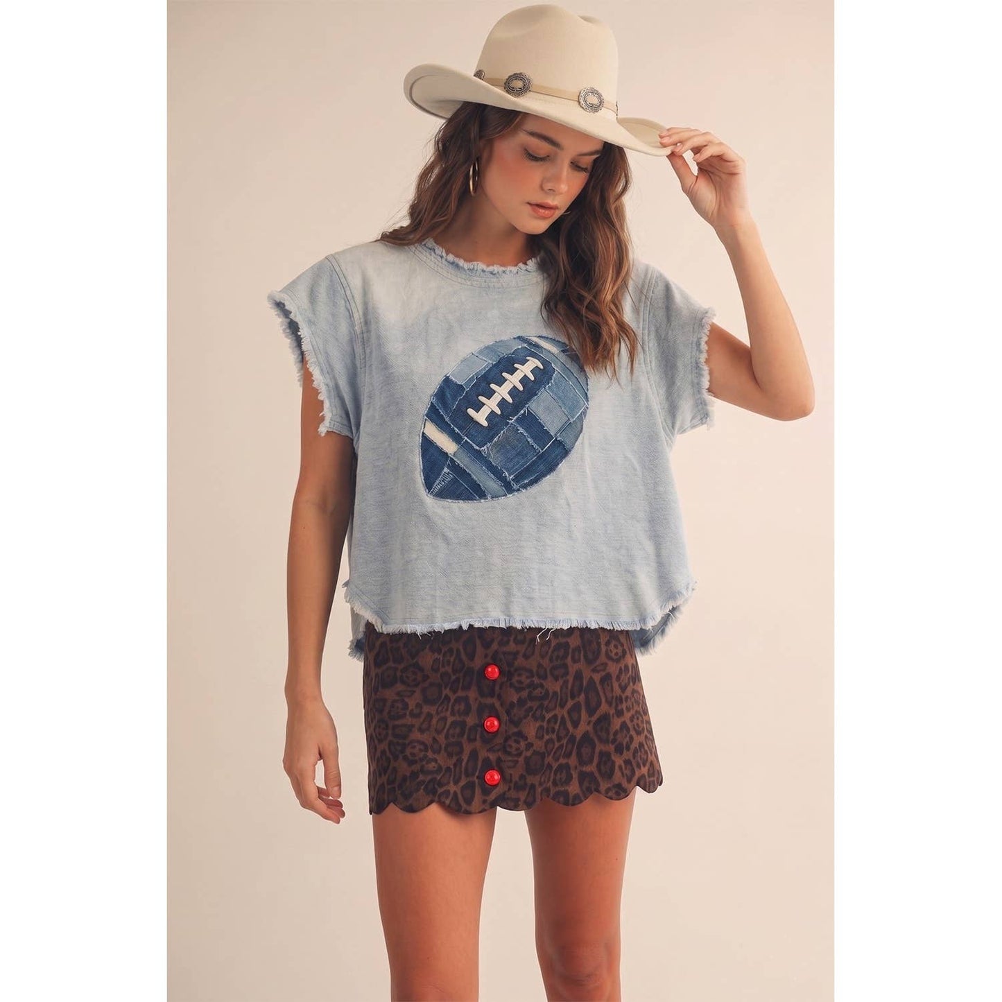 Game Day Retro Denim Football Patch Top