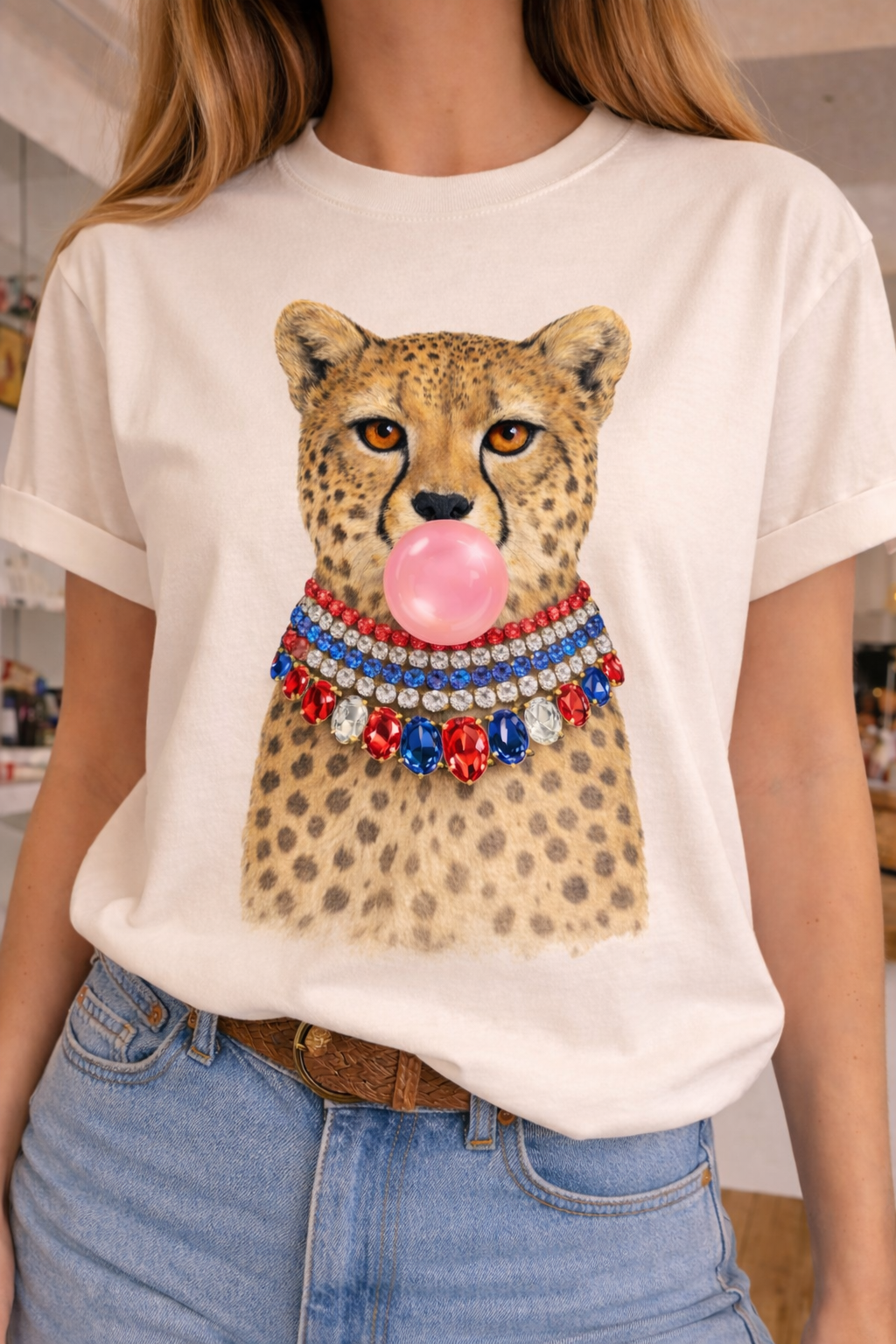 Jeweled Collar Bubble Gum  Leopard Natural Crew