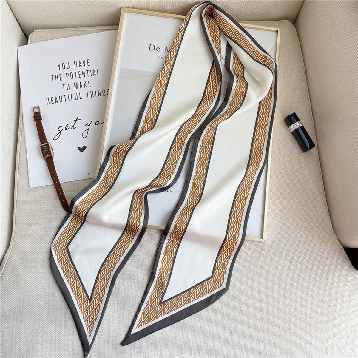 THIN SIMPLE GEOMETRIC LONG SILK SCARF